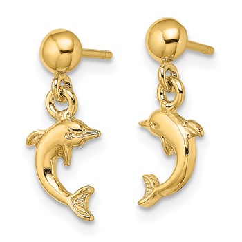 14K Mini Jumping Dolphin Dangle Post Earrings — alternate view
