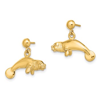 14K 3-D Polished Manatee Dangle Post Earrings — alternate view