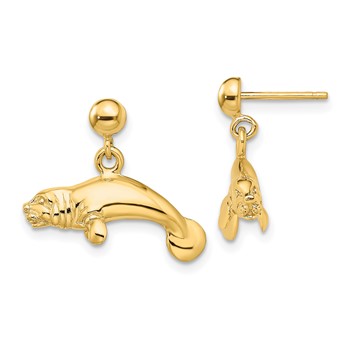 14K 3-D Polished Manatee Dangle Post Earrings