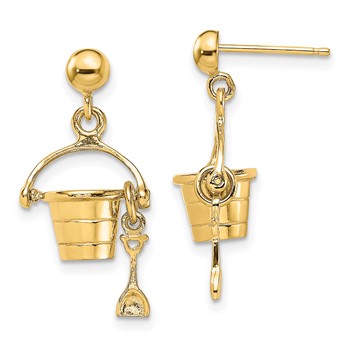 14K 3-D Beach Bucket with Shovel Dangle Post Earrings