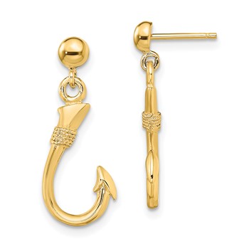 14K 3-D Fish Hook Dangle Post Earrings