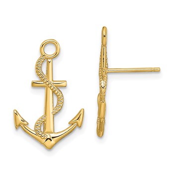 14K Polished and Textured Anchor with Rope Post Earrings