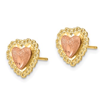 14k Two-Tone Diamond-cut Heart with Lace Trim Post Earrings — alternate view