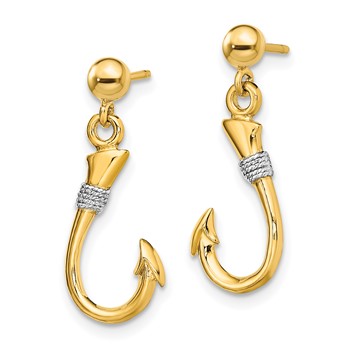 14K and White Rhodium 3-D Fish Hook with Rope Dangle Post Earrings — alternate view
