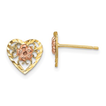 14k Two-Tone Diamond-cut Flower in Heart Post Earrings