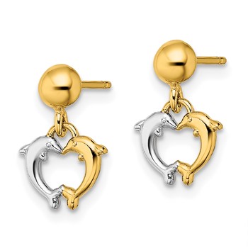 14K and White Rhodium Two Dolphins Dangle Post Earrings — alternate view