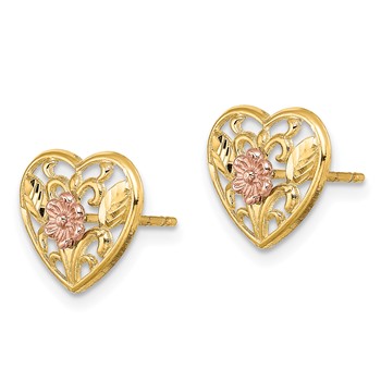 14K Two-tone Polished Floral in Heart Post Earrings — alternate view