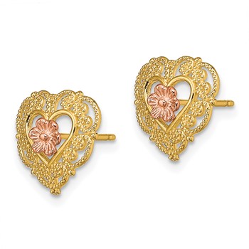 14k Two-Tone with Lace Trim and Flower Heart Post Earrings — alternate view