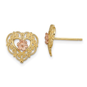14k Two-Tone with Lace Trim and Flower Heart Post Earrings