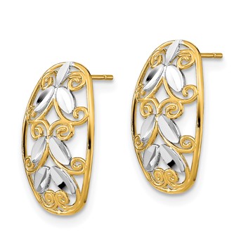 14K and White Rhodium Oval Diamond-cut Filigree Post Earrings — alternate view