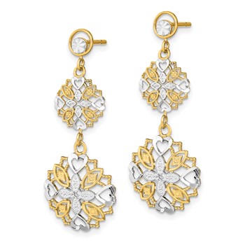 14k and White Rhodium Diamond-cut Flower and Heart Dangle Post Earrings — alternate view