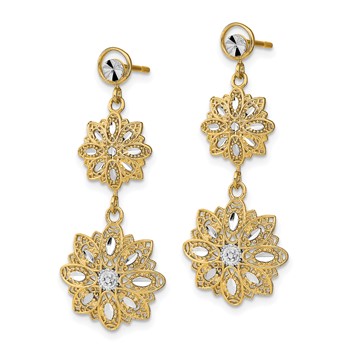 14K and White Rhodium Diamond-cut Filigree Floral Dangle Post Earrings — alternate view