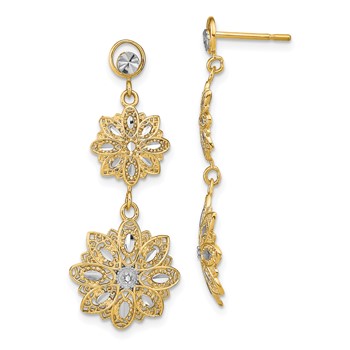 14K and White Rhodium Diamond-cut Filigree Floral Dangle Post Earrings