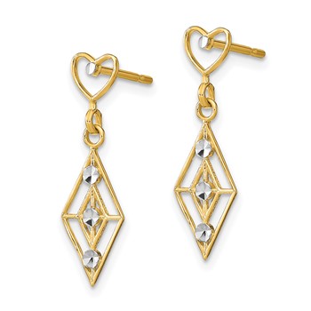 14k and White Rhodium Diamond-cut Diamond-Shape Heart Dangle Post Earrings — alternate view