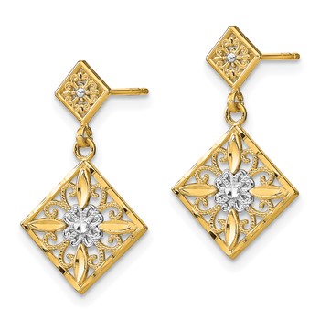14K and White Rhodium Diamond-cut Square Filigree Dangle Post Earrings — alternate view