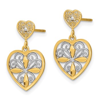 14k and White Rhodium Flower and Heart Beaded Filigree Dangle Post Earrings — alternate view