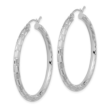 14k White Gold Polished Satin and Diamond-cut Hoop Earrings — alternate view