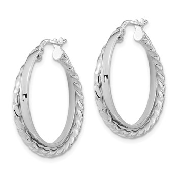 14K White Gold Polished and Textured Hinged Hoop Earrings — alternate view