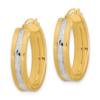 14k White Rhodium Diamond-cut Polished and Satin Hoop Earrings — alternate view