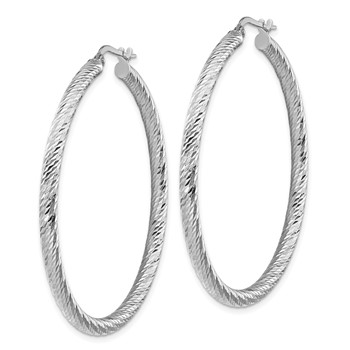 14k 3x40mm White Gold Diamond-cut Round Hoop Earrings — alternate view