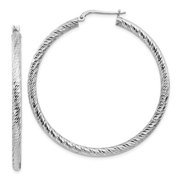 14k 3x40mm White Gold Diamond-cut Round Hoop Earrings