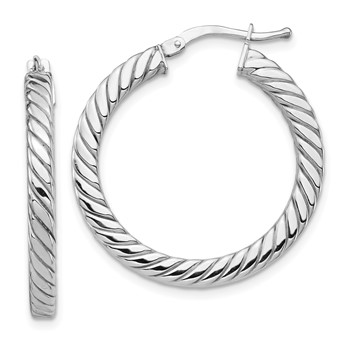 1/2pr 14k White Gold Polished & Twisted 3mm Square Tube Hoop Earrings
