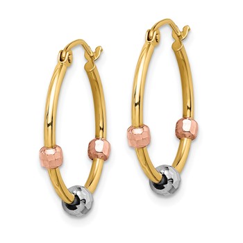 14k Polished with D/C Beads Tri-color Hoop Earrings — alternate view