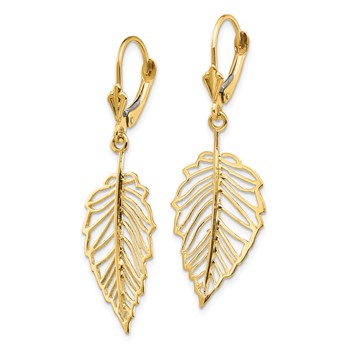 14K Polished Cut-out Leaf Dangle Leverback Earrings — alternate view
