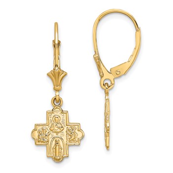 14K Small 4-Way Medal Cross Dangle Leverback Earrings