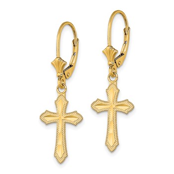14K Diamond-cut Beaded Edge Cross Dangle Leverback Earrings — alternate view