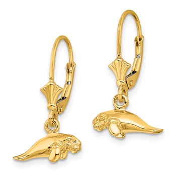 14K 3-D Polished Mini Manatee Dangle Leverback Earrings — alternate view