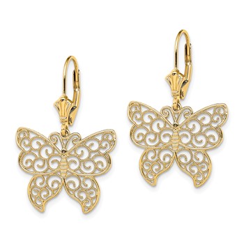14K Large Butterfly with Beaded Filigree Wings Dangle Leverback Earrings — alternate view