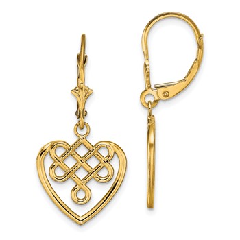 14K Celtic Knot Heart Dangle Leverback Earrings