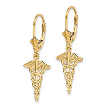 14K Caduceus Dangle Leverback Earrings — alternate view