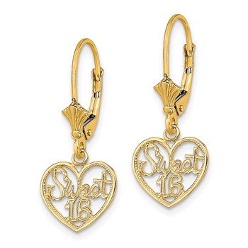 14K Polished SWEET 16 in Heart Dangle Leverback Earrings — alternate view