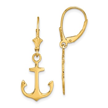 14K 2-D Polished Anchor Dangle Leverback Earrings