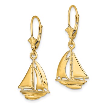 14K  3-D Polished Sailboat Dangle Leverback Earrings — alternate view