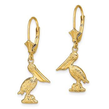 14K 3-D Standing Pelican Dangle Leverback Earrings — alternate view