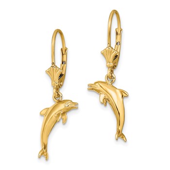 14K 3-D Dolphin Jumping Dangle Leverback Earrings — alternate view