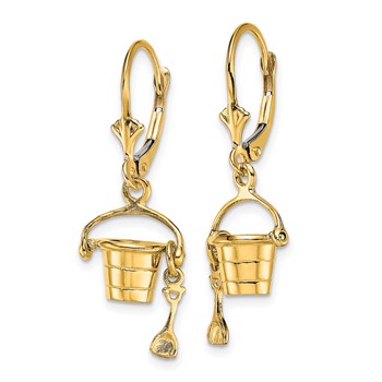 14K 3-D Beach Bucket with Shovel Dangle Leverback Earrings — alternate view