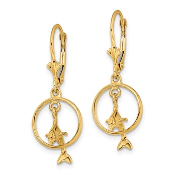 14K 3-D Dolphin Jumping Through Hoop Dangle Leverback Earrings — alternate view