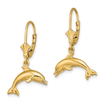 14K Jumping Dolphin Dangle Leverback Earrings — alternate view