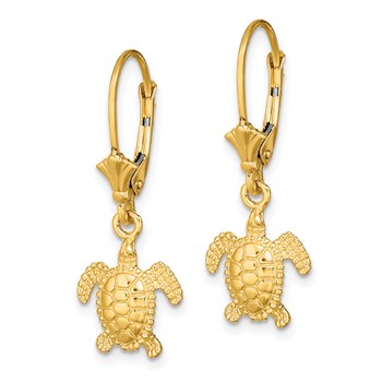 14K 3-D Polished Mini Sea Turtle Dangle Leverback Earrings — alternate view