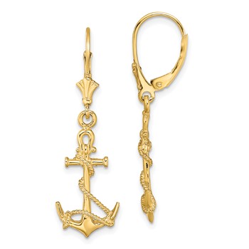 14K 3-D Anchor with Shackle and Entwined Rope Dangle Leverback Earrings