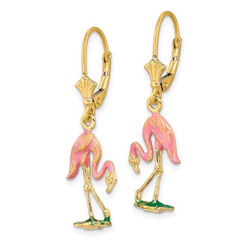 14K Pink Enamel 3-D Flamingo Dangle Leverback Earrings — alternate view