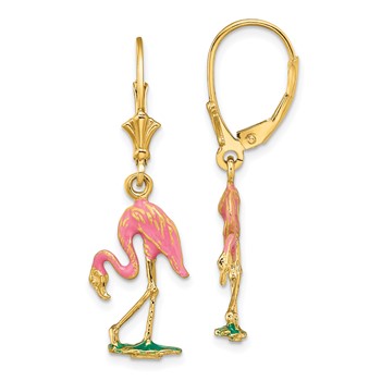 14K Pink Enamel 3-D Flamingo Dangle Leverback Earrings