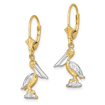 14K and White Rhodium 3-D Standing Pelican Dangle Leverback Earrings — alternate view