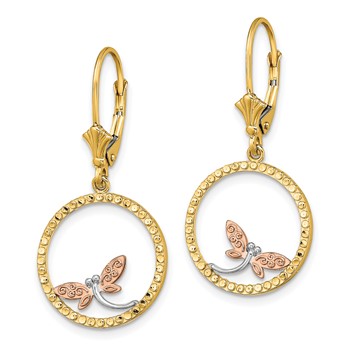 14K Two-Tone and White Rhodium Diamond-cut Dragonfly in Circle Leverback Earrings — alternate view