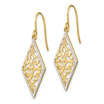 14K and White Rhodium Diamond-Shape Filigree Dangle French Hook Earrings — alternate view
