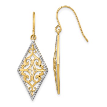 14K and White Rhodium Diamond-Shape Filigree Dangle French Hook Earrings